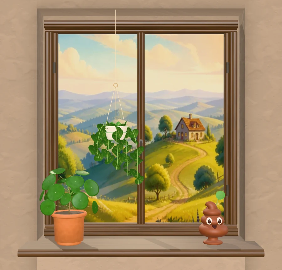 Current game scene: pilea, hanging pothos and companion wearing a sprout, with hills beyond the window